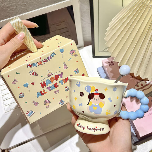 Cute cartoon ins mug, high-looking mug, ceramic couple water cup, birthday gift for girls, souvenir, blue cute puppy, single cup