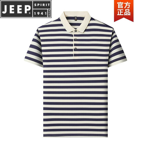 JEEP SPIRIT短袖T恤男2025新款条纹翻领休闲半袖夏季宽松薄款男士短袖POLO L9906       深蓝 M 165 建议90-120斤