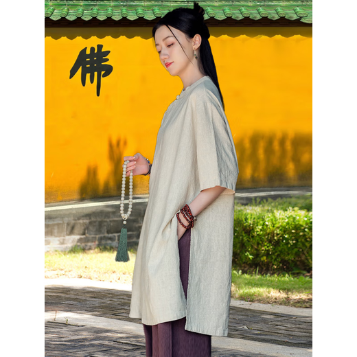 德国品质禅服修行女中国风佛系禅意女装夏季中式斜襟上衣寺院棉麻拜佛素衣 (套装)禅紫短袖上衣+麻色阔腿裤6189# S