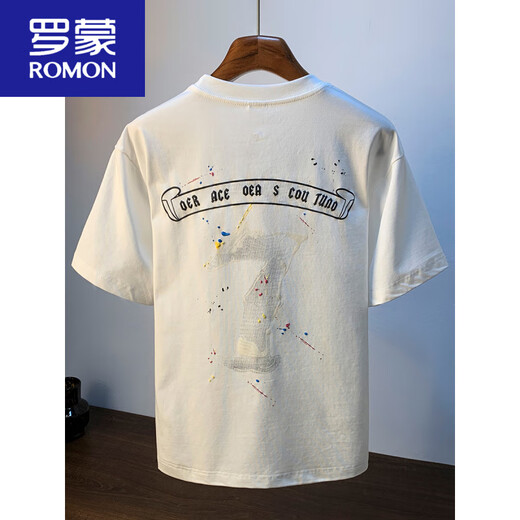 Camiseta de manga corta para hombres de Romon Summer Camiseta suelta de cuello redondo Ropa delgada 2025 nueva camiseta de media manga bordada hombres blancos HJ6630 m adecuados para 95-110Jin [Jin iguala 0.5 kg]