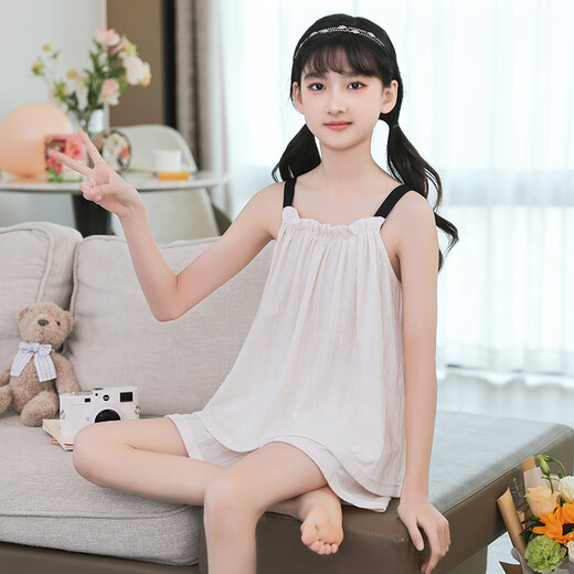 Lingting Eagle Cotton Girl Pyjamas 2025 Sous-souche Vest Top Princess Style Girl Baby Home Clothing Set [Cotton] L11301 Milk Abricot Color 170 8 Tailles [95-105cm / 20-30jin [Jin est égal à 0,5 kg]]]