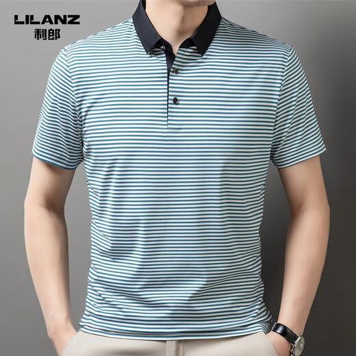 
Lilang light luxury men's lapel short-sleeved T-shirt in summer striped young and middle-aged business casual POLO shirt ice silk breathable top Navy blue 13691 S 165