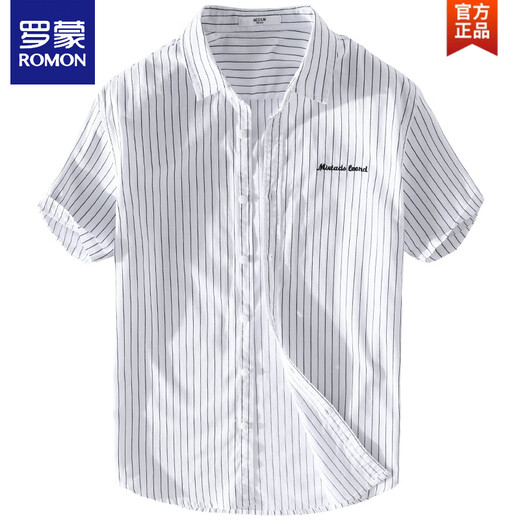 罗蒙（ROMON）男士条纹衬衫短袖宽松夏季薄款日系休闲百搭纯棉衬衣夏装衣服 9740黑色 M 100斤左右