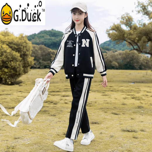 G.Duckkids Girls Frühlings- und Herbst-Set 2025 Neue modische Casual Sports Baseball-Kleidung Kinderkleidung Mädchen zweiteiler Set Trendy Black 1396 Set zweiteiliger Set 110 cm