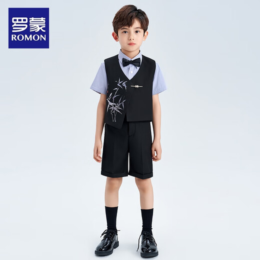 罗蒙男童西装套装钢琴演出服主持人新中式国风西服儿童礼服 黑色140