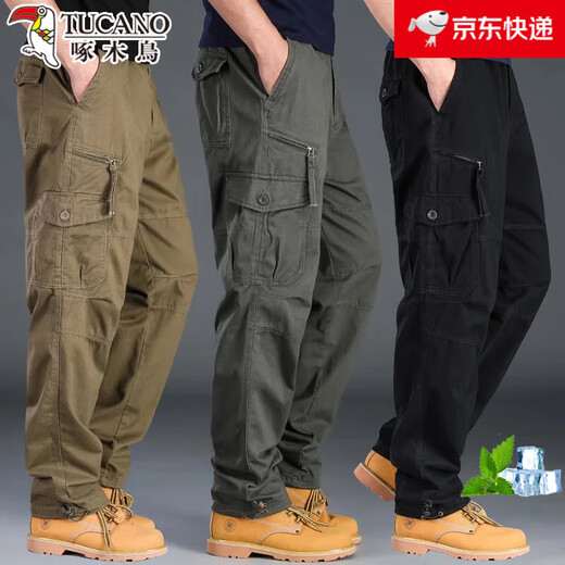 Woodpecker autumn and winter wear-resistant overalls men's cotton casual pants outdoor sports pants multi-pocket work pants labor protection trousers dark green pure cotton wear-resistant XL 150~170Jin Jin equals 0.5 kg
