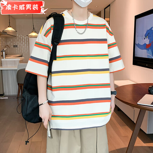 Lingkaqi summer short-sleeved men's trendy versatile striped cotton T-shirt for young students handsome round neck half-sleeved T-shirt Hong Kong style top TJB9227 white M 90-120Jin [Jin equals 0.5 kg]