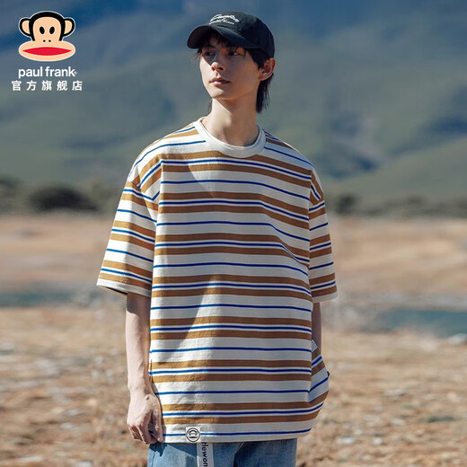 Big Mouth Monkey (paul frank) American fashion brand handsome color-blocking round neck men's T-shirt in summer thin loose stripes casual and versatile short-sleeved men's clothing green 698D [official authentic] XL [recommended 140-155 Jin [Jin equals 0.5 kg]]