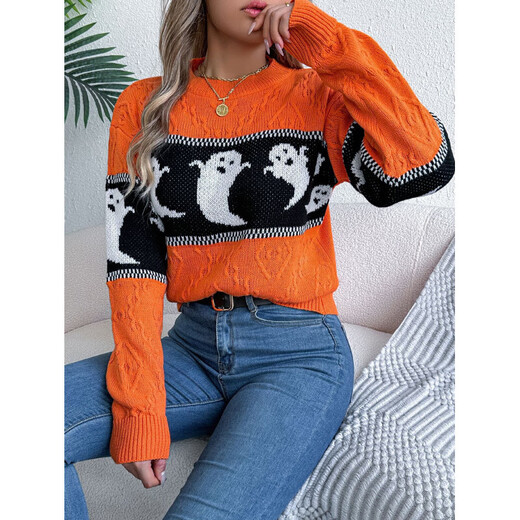 
European and American cross-border autumn and winter women's Halloween themed ghost contrast sweater top lazy style loose sweater women orange XL