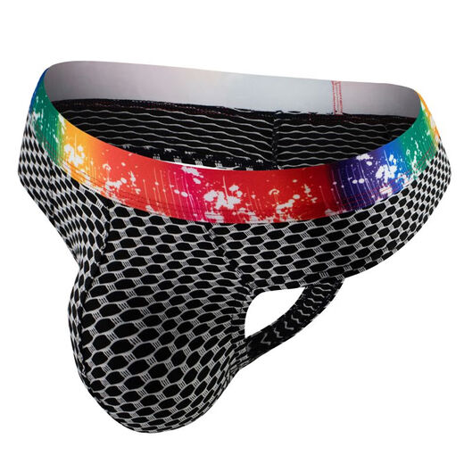 
Men's Plaid Thong Rainbow Wide Belt Panties Sexy Big Bag Shorts Black L