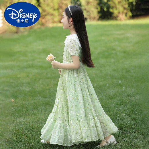 Disney girls' dress summer 2025 new fashionable children's chiffon floral skirt thin children's summer cotton skirt 6630 green + pearl headband Children's Day gift 120 cm