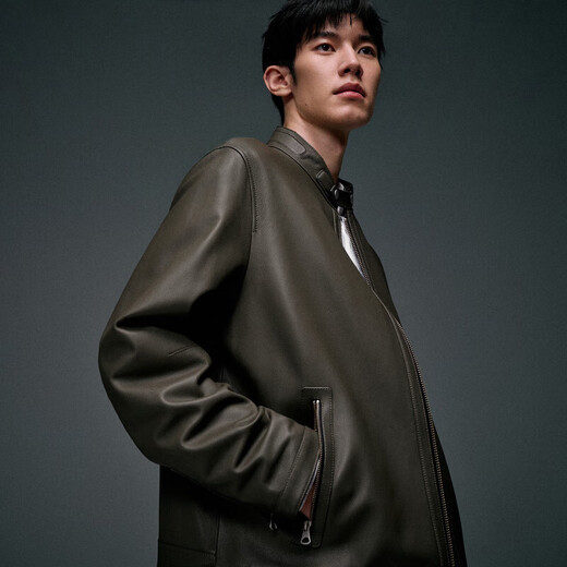 PEACEBIRD Men's Genuine Leather Jackets Stand Collar Jackets Men's Casual Quality Tops Trendy Winter Jackets Men's Green 1 (Fit) S