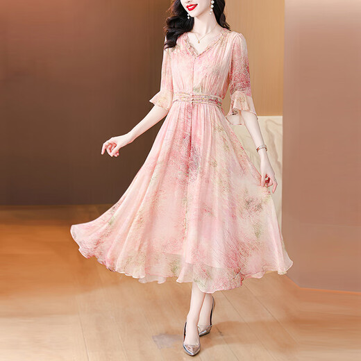 OLJ High-End-Marke Kleid für Frauen 2025 Sommer Neues Blumenchiffon High-End-Temperament schlanker Pendlerrock Rosa 2xl 125-135jin [Jin gleich 0,5 kg]