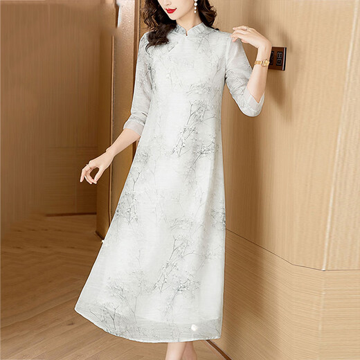 OLJ high-end brand dress for women 2025 summer new printed and modified cheongsam new Chinese style Zen Chinese style skirt gray L 90-115Jin [Jin equals 0.5 kg]