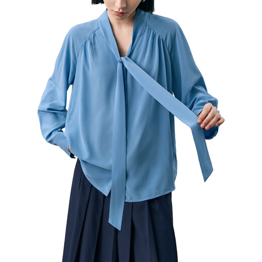 Yanyu silk blue shirt women's tops 2025 autumn mulberry silk versatile V-neck long-sleeved shirt blue M