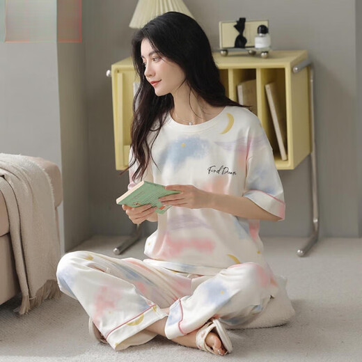 莫代尔夏季纯棉睡衣女短袖长裤全棉可外穿少女甜美休闲家居服套装 Z9712 M 码建议80-100斤穿
