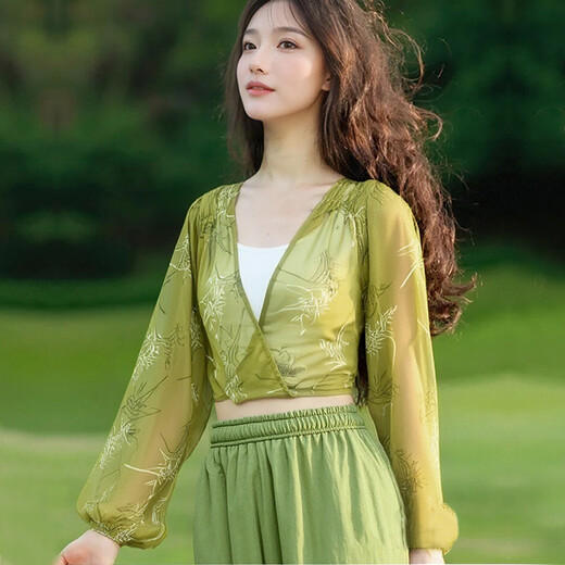 Shuangxiu 2025 new yoga clothing set, loose healing Zen bloomers, Pilates training, fitness long-sleeved tops for women, Moya bamboo blouse + gray blue pants L 108-117