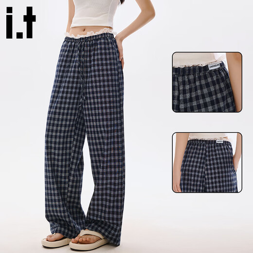 : Chocoolate Es versteckt blaue Plaid-Freizeithosen für Frauen im Sommer Lose Spitzenspitze-Stil gerade Hosen für dunkelblaue Hosen s s