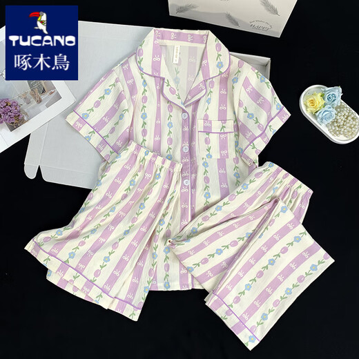 
Woodpecker three-piece pajamas for women in summer 2025 new thin women summer cloud cotton short-sleeved short-sleeved trousers can be worn outside 9922# cloud cotton three-piece set M [70-95]Jin[Jin equals 0.5 kg]