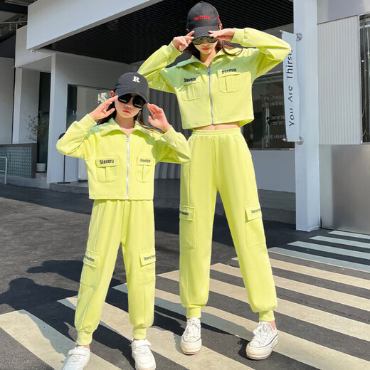 Ultraman parent-child clothing mother and daughter clothing spring and autumn style set long sleeve Korean style fashionable autumn clothing casual and fashionable zipper shirt two-piece set hot selling green 175 Mom L