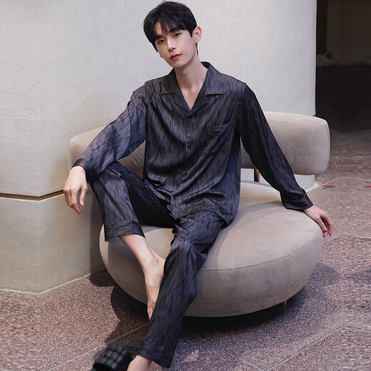 
Arctic velvet men's pajamas spring and autumn ice silk long sleeve trousers suit men's summer 2025 new home clothing 6626 straight men's style L (100-125Jin[Jin equals 0.5 kg])