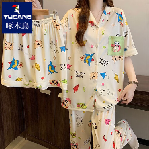 Pajama de caricatura de caricatura de pájaro cartilín para mujeres en verano de algodón puro de manga pura juego de tres piezas japonés Ins lindo estudiante Cardigan ropa casera #fs-tres piezas Set 14135 m [75-95Jin [Jin equivale a 0.5 kg]]