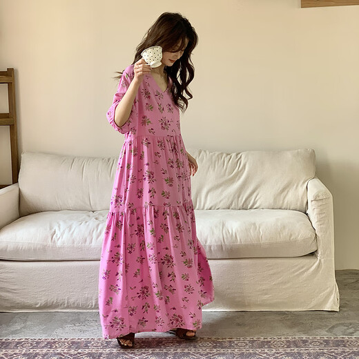 IosnFrench floral fat mm women's summer thin loose extra long size women's pajamas can be worn outside home clothes 8668 long skirt pink flowers one size fits all F skirt length 12590-170Jin Jin is equal to 0.5 kg