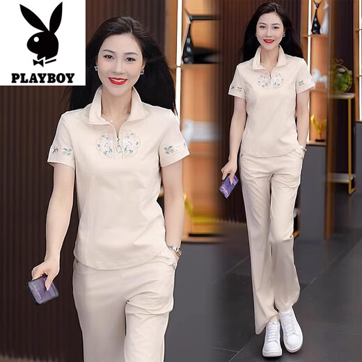 
Playboy (PLAYBOY) new Chinese casual sports suit for women 2025 summer new fashionable age-reducing slimming short-sleeved straight-leg pants two-piece set black [top + pants] good quality two-piece set - 2XL [recommended 125-140Jin [Jin equals 0.5 kg]]