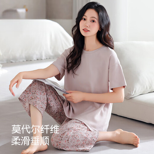 莫代尔棉睡衣女士夏天2025新款短袖薄款中年妈妈大码夏季冰丝家居服女 DM13803 M (160) ：建议80-100斤穿着 【