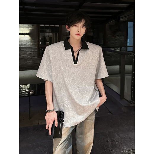
7 high-quality cleanfit shoulder pad short-sleeved T-shirt for men's summer new front-shoulder polo shirt heavy loose half-sleeved top for men WYN-733 gray M