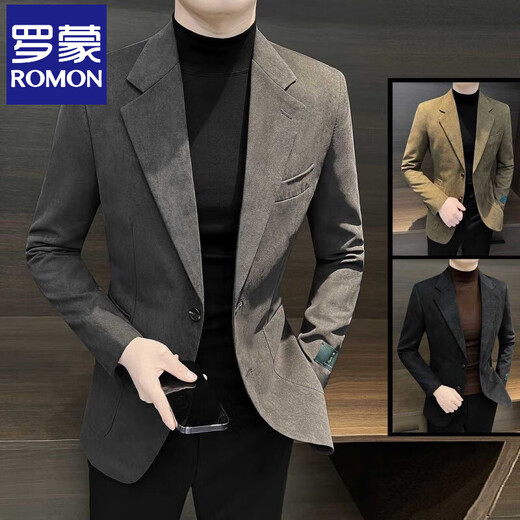 Luo Meng autumn and winter high-end handsome single suit jacket men's trendy casual suit Korean version slim buckskin velvet suit jacket brown 2XL