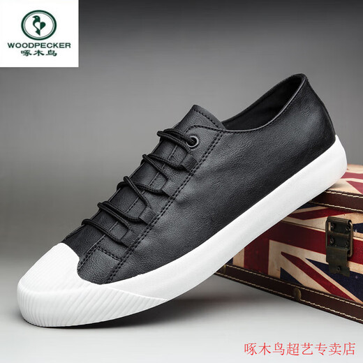 Woodpecker men's shoes 2025 new spring trendy shoes casual shoes breathable men's leather shoes trendy flat-soled British all-match shoes SS9851 black and white 38