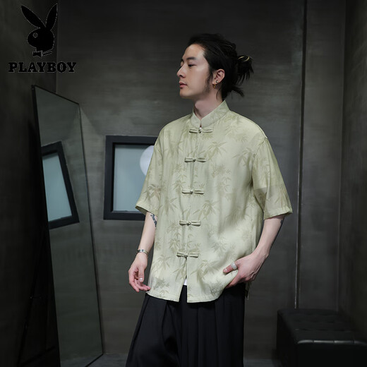 花花公子（PLAYBOY）夏季轻薄款短袖衬衫新中式古风盘扣唐装男装中国风竹叶上衣中山装 CS9898白色 3XL