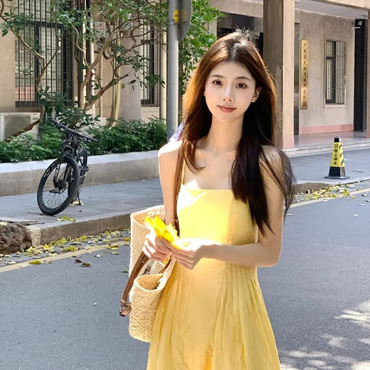 Bangboshi suspender dress for women in summer beach vacation gentle style French temperament A-line skirt waist slimming beach skirt suspender dress M