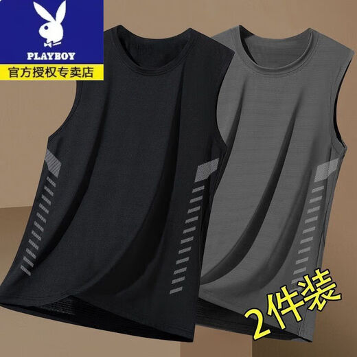 Playboy (PLAYBOY) trendy ice silk vest for men summer mesh sleeveless T-shirt thin men's quick-dry sweat-absorbing and breathable wide shoulder sweat shirt outside. Extra trendy oblique strip wide shoulder black + white collection and purchase XL [Suggested 120-135 Jin [Jin equals 0.5 kg]]