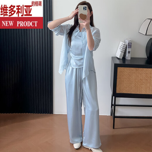 维多利亚的格调巨好看的夏日套装女2025新款小众不撞款吊带开衫阔腿裤三件套 香槟色衬衫+吊带+裤子 S