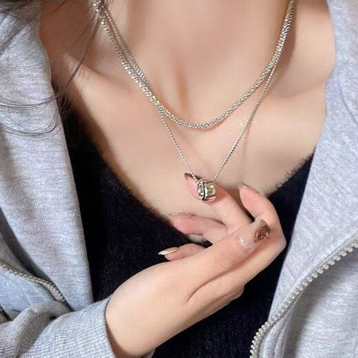 双层波光粼粼豆豆卫衣链女秋冬搭配项链毛衣链时尚洋气长款配饰潮 1条银色双层圆环吊坠项链