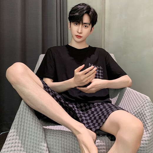 QLTQZQ睡衣男士夏季短袖薄款青少休闲特大码230斤加肥学生家居服套装 378黑菱格+6627#蓝色字母 170 学生M【80-100斤】