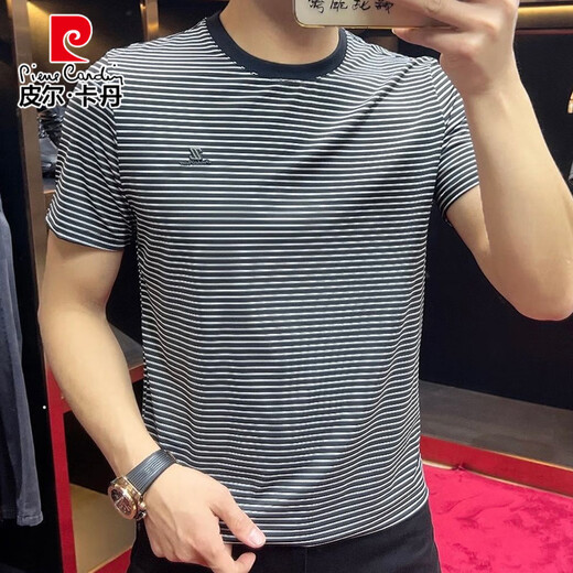 
Pier Cardin summer 2025 round neck striped short-sleeved men's T-shirt casual half-sleeved slim base shirt sports T-shirt trend 9901 black M suggests 90-115Jin [Jin equals 0.5 kg]