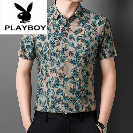 Playboy (Playboy) High-End-Sommer mit kurzärärmigem Blumenhemd Herren-Eis Maulbeer-Seide No-Scenaling Anti-Falten-Gelegenheits-bedrucktes Hemd mittleren Alters Anzug 701 Black L 170 [120-140jin [Jin gleich 0,5 kg]]]