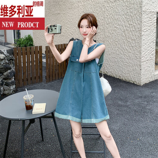 
Victoria's style sleeveless work suit denim overalls for women's summer 2025 new small jumpsuit shorts American retro popular denim blue XS (recommended 95 Jin [Jin equals 0.5 kg])