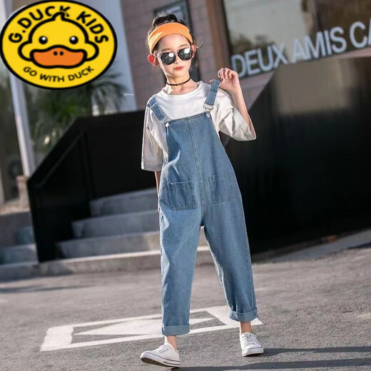 G.DUCKKIDS女童背带裤儿童春秋款牛仔裤女孩长裤韩版大童裤子外穿宝宝吊带裤 蓝色大兜背带裤(单裤) 150码建议身高1.4米左右穿