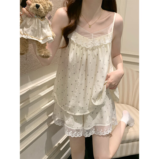 梦鸾吊带睡衣女夏季2025年新款性感纯欲带胸垫蕾丝花边甜美家居服套装 B834 蕾丝小花 固定胸垫 M