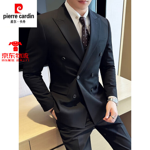 Pier Cardan Suit Men's Men's Light and Casual Double-Breasted 2024 Nouveau commuter haut de gamme Robe de costume simple Men Gris foncé (costume + pantalon) Black Shirt and Tie 6xl (62)