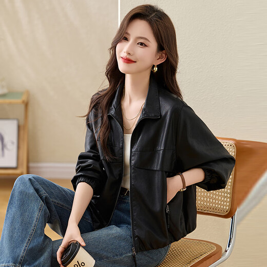 
ROMON (ROMON) jacket for women European style lapel leather jacket short spring suit 2025 new light luxury high-end fashion jacket top black M [recommended 110Jin [Jin equals 0.5 kg]]