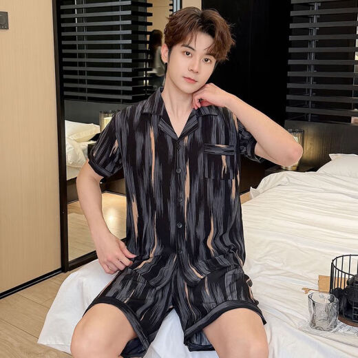
Men's pajamas short-sleeved simulated ice silk summer teenager male students can wear home clothes suits outside SX-677 men's meteor style L [90-110Jin [Jin equals 0.5 kg]]