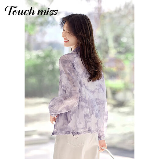 塔驰密司 TOUCH MISS优雅宽松外套女夏季舒适透气浅春系穿搭晕染印花立领薄款上衣 晕染灰紫 XL 125-135