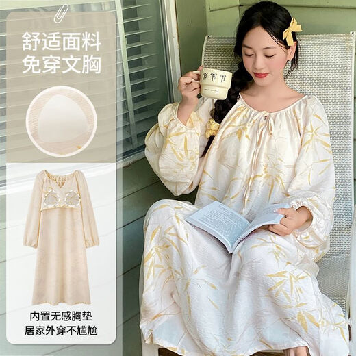 Yunxiangyi Yunduo cotton spring and autumn pajamas for women long-sleeved nightgown cute comfortable casual elastic plus size home clothes Yunxiangyi Yunduo cotton with breast pad for women AM13063 M
