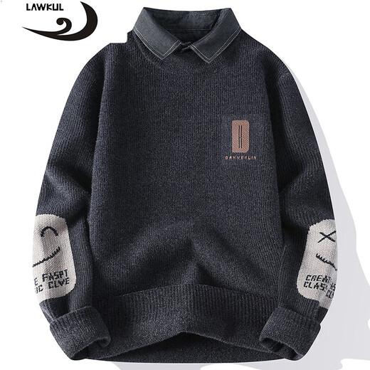 浪古 LAWKUL毛衣冬款男新款加厚秋冬季保暖衣服非羊潮毛衫衬衫领打底衫针织衫 带领M9901米白色 M