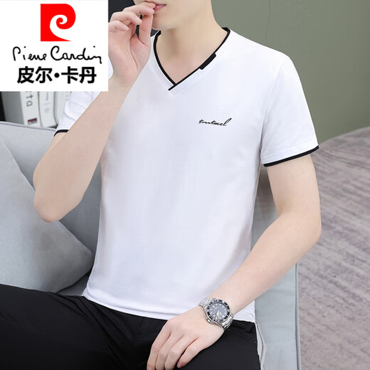 皮尔卡丹（pierre cardin）针男士鸡心领短袖t恤2025夏季新款百搭休闲潮流冰丝帅气T恤织 qy694豆绿色 M